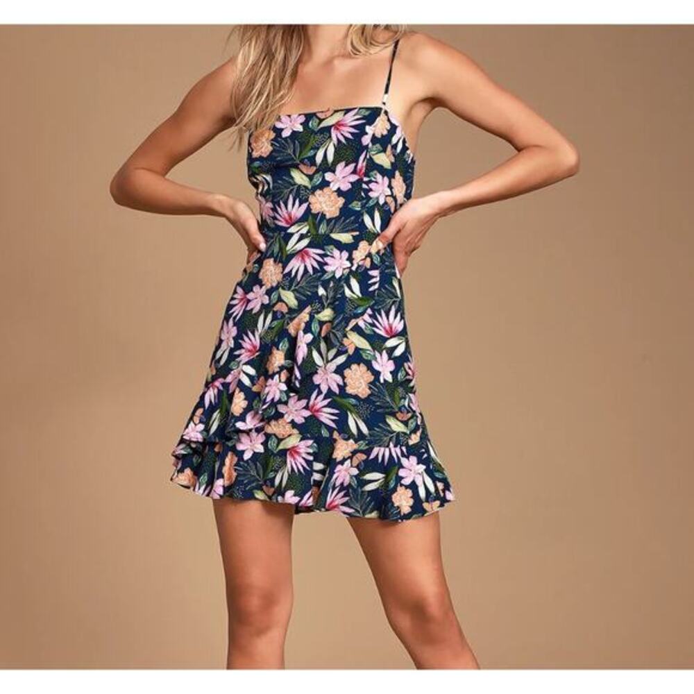 Lulus Sunny Season Navy Blue Tropical Print Ruffled Mini Dress Medium